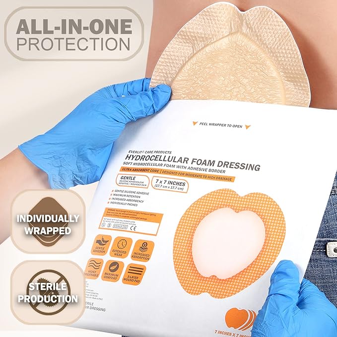 EVERLIT Sacrum Silicone Foam Dressing | Highly-Absorbent Waterproof Sacral Bandage Pad for Bed Sore Pressure Ulcer Wound Care | Sterile Adhesive Dressing for Chronic Wounds (7" x 7" | 10 Pack)