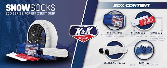 KNK Boutique Automotive Snow Socks for Tires - Eco Series for Efficient Grip Alternative for Tire Snow Chain - Snow Traction Device for Passenger Cars Trucks Winter Emergency Accessory (X-Small)