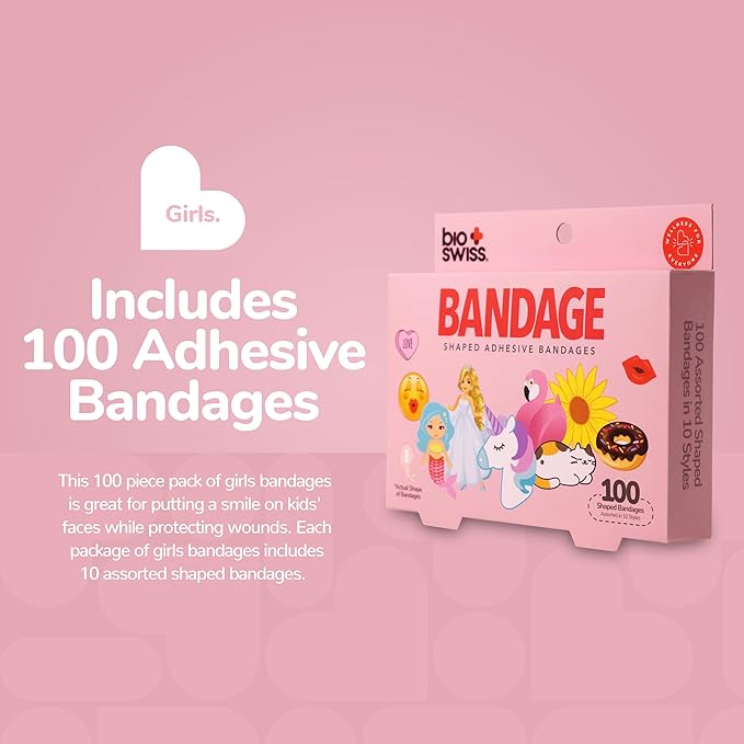 BioSwiss Kids Bandages, Assorted Animal, Fun and Food Shaped Self Adhesive Bandage for Girls, Latex Free, Sterile Wound Care, 100 Count