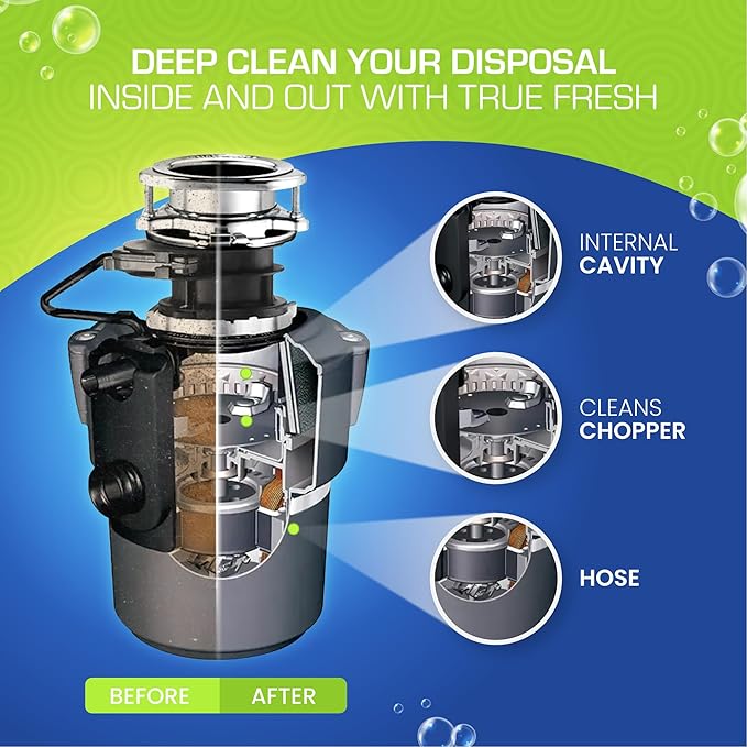 True Fresh Garbage Disposal Cleaner Powder Drop-in Sink Packets 24-Pack – Deep Cleaning & Descaling for Kitchen Sinks, Removes Odor-Causing Residue, Septic Safe, Easy-to-Use Formula