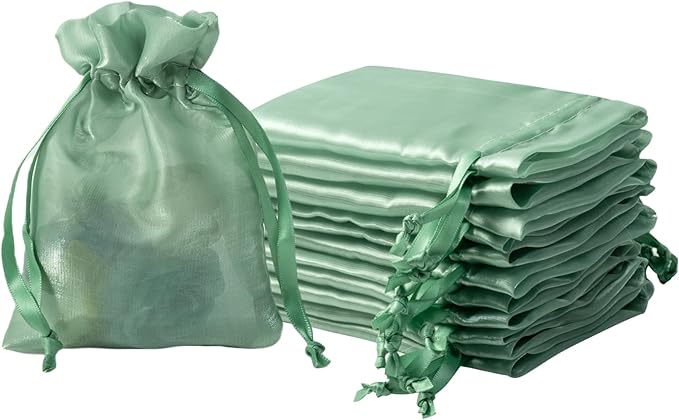 QIANF 20 Pcs Sage Green Small Organza Bags 3X4 inch for Wedding Favors with Drawstring, Mini Mesh Gift Bags Jewelry Pouch for Candy Bridal Shower Party Favor Baby Shower Christmas