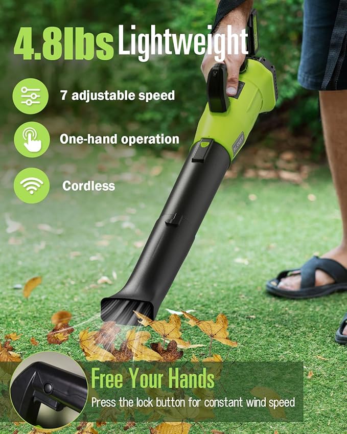 Electric Leaf Blower Cordless 530CFM - 2 X 5.2Ah Batteries and Fast Charger, 20V Lightweight Handheld Battery Leaf Blower with 7-Speed Control, 2 Extended Tubes for Yard, Lawn & Garden