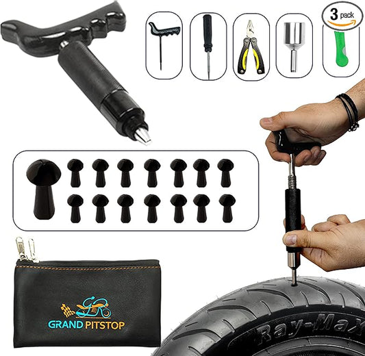GRAND PITSTOP 22 Pcs Tire Puncture Repair Kit with Multi-Functional Folding Plier Compatible for car Motorcycle, Truck, ARB,ATV, Tractor, RV, SUV, Trailer (15 Mushroom Plugs)