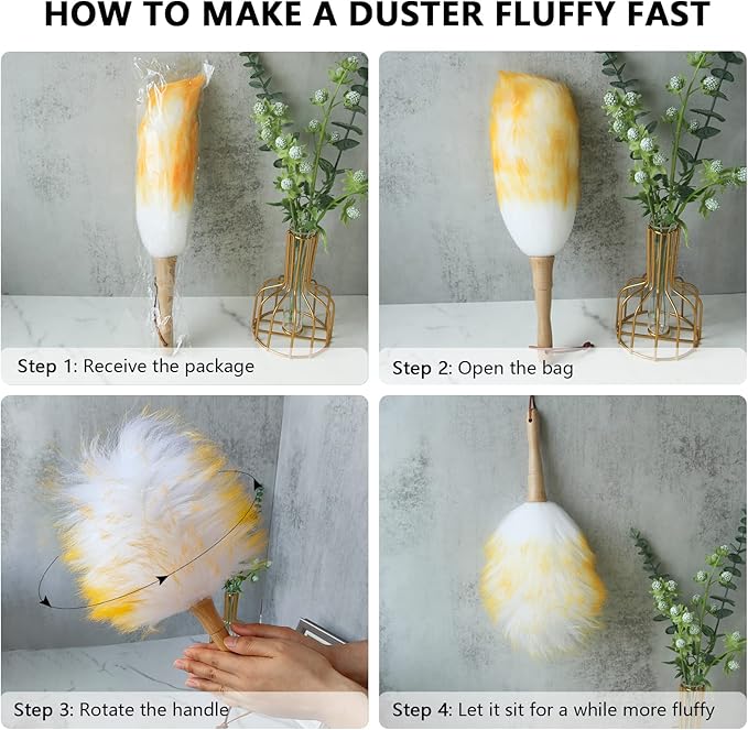 Lambs Wool Duster for Cleaning Window Blinds Computer Furniture TV Computer Screens Bookshelves Solid Wooden Handle Natural Feather Duster,26'', Pink