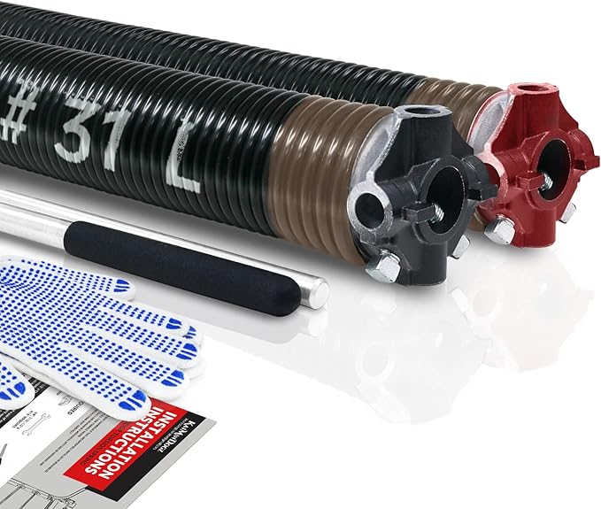 Pair of 2" Garage Door Torsion Springs Set with Non-Slip Winding Bars & Gloves, Precision Electrophoresis Black Coated Without Oil, for Replacement & Installation, MIN 16,000 Cycles(0.234x2''x31'')