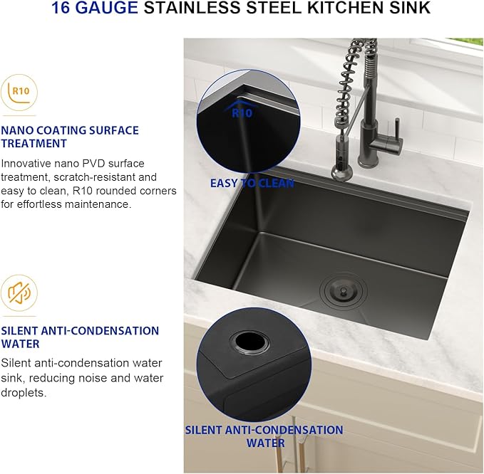 Dcolora 23 Inch Black Kitchen Sink Undermount Wet Bar Sink Workstation Single Bowl Stainless Steel Nano PVD Coating Small Kitchen Sinks,DC-UW6723