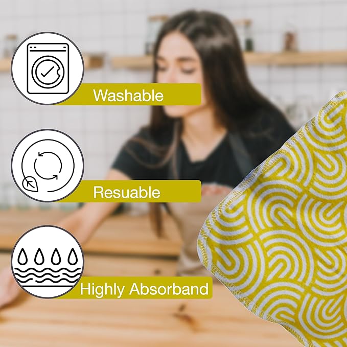 Pack of 10 Reusable Paper Towels | 10x10 Inch Cotton Towels | Kitchen Utensils Print | Eco Friendly, Washable, Quick Drying | Sustainable Cleaning Cloths | Yellow Modern