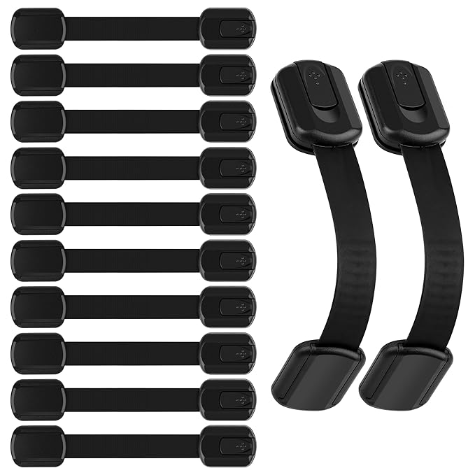 Child Safety Strap Locks 12 Pack Child Safety Locks Baby Proofing Drawers Locks Coolrunner Child Locks for Drawers, Cabinets, Dishwasher, No Tools or Drilling Required (Black)