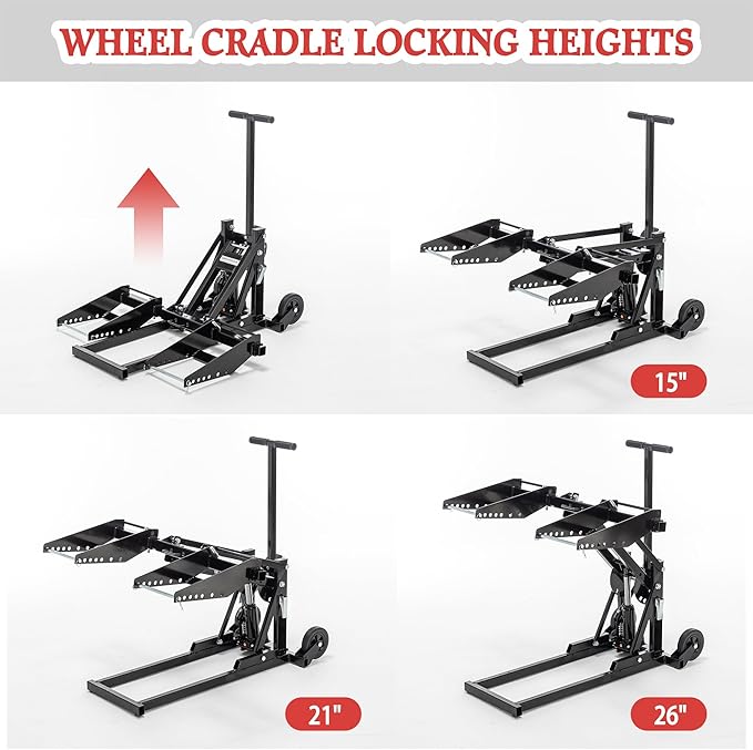 Heavy Duty Lawn Mower Lift Jack 550lbs Capacity Riding Mower Lift with Safety Lock& Non-Slip Wheels Lawn Tractor Lift Adjustable Wheel Span Suitable for Tractors and Zero Turn Lawn Mowers