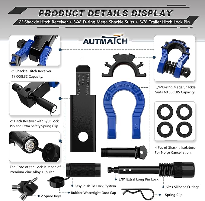 AUTMATCH Shackle Hitch Receiver 2" with 3/4" Mega D Ring Shackle and 5/8" Trailer Hitch Lock Pin, 68,000 Lbs Break Strength Heavy Duty Receiver Towing Kit for Off-Road Vehicle Recovery, Black & Blue