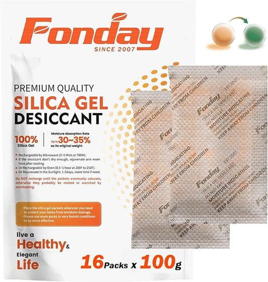 16Packs x 100Gram Fonday Rechargeable Silica Gel Desiccant Packets Food Grade Fast Reactivate Desiccant Bags Moisture Indicating Orange to Green for Food Storage, Electronics, 3D Filament & Safes