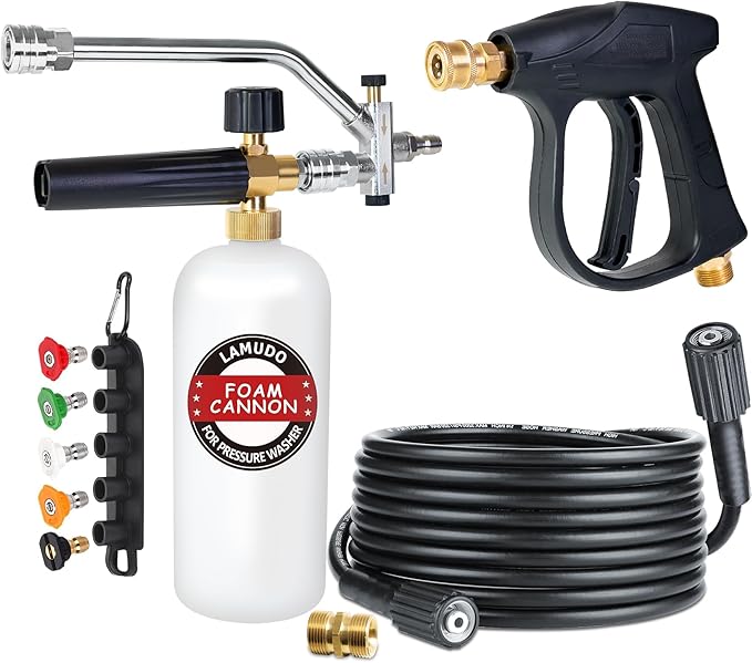 Pressure Washer Gun and Foam Cannon with Dual Connector Accessories for Pressure Washer, Attachment Include 5 Spray Nozzle Tips, Pressure Washer Hose and M22-14 Male to Male Fittings