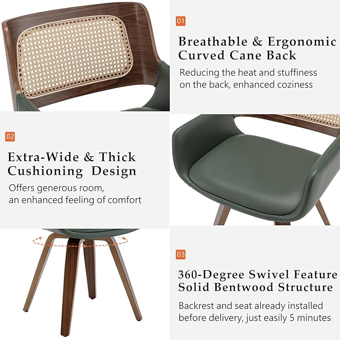 Set of 2 Dining Room Chairs with Arms - Swivel Cane Dining Chairs with Ergonomic Rattan Back, Walnut Bentwood Frame, Curved Arms, Versatile for Restaurant/Living Room/Kitchen (Walnut Green)