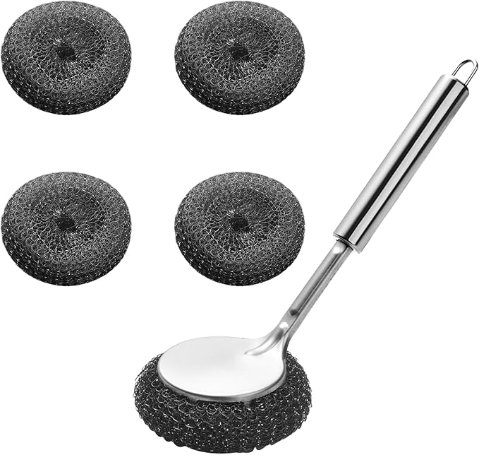Ergonomic Handle Stainless Steel Scrubber with 4 Replacement Balls, Wire Brush for Kitchen Pots, Grills, Pans and Cutlery