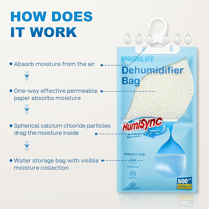 Moisture Absorbers,9.8OZ.,Hanging Closet Dehumidifier Bags,Desiccant,10 Pack Portable Humidity Packs for Bathroom,Closet,Wardrobe,Attract and Trap Excess Moisture, Blue