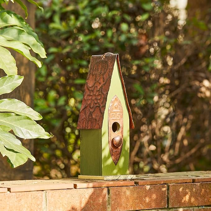 Glitzhome Distressed Green Solid Wood Birdhouse Hand Painted Hanging Bird House for Outdoors 13.25" H