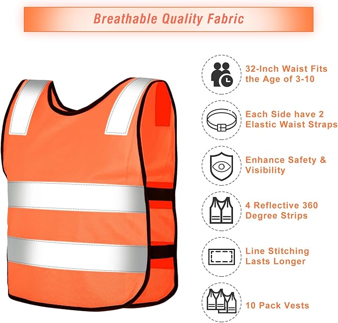 Geyoga 10 Pcs Kids Reflective Vest Bulk Visibility Child Safety Construction Vest Toddler Protective Orange Clothes for Boys Girls Cycling Walking Skiing Skateboarding Runner