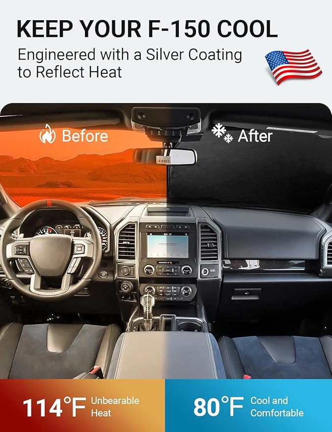 Proadsy Windshield Sunshade for Ford F-150 2015-2020 Custom Fit F150 Lariat, King Ranch, Platinum, XL XLT Limited Raptor Foldable Sun Shade Protector Sun Visor Blocks UV Rays Keep Car Cooler