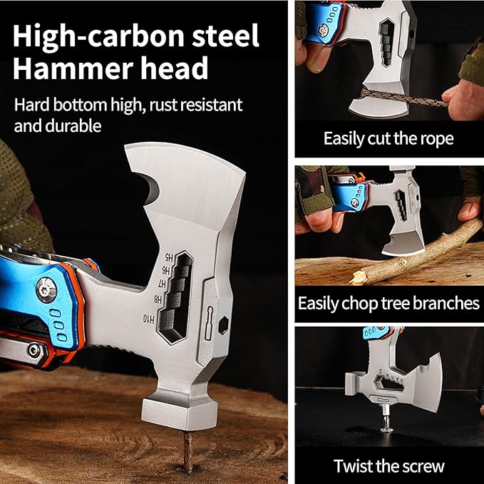 20-in-1 Camping Multitool, Survival MultiTool with Pilers,Axe, Adjustable Wrench, Hammer, Screwdriver, Pouch, Outdoor Hiking Multi Tool Carbon Steel Compact Hatchet Gifts for Men Dad Him