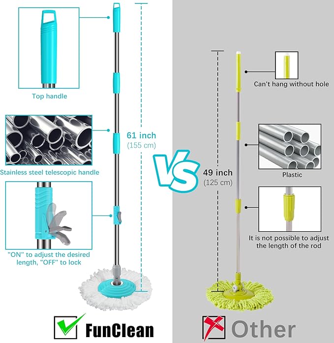 3-Section 35-to-61 Inch Spin Mop Extended Spin Mop Replacement Mop Handle Compatible with Round Spin Mop Bucket Cleaning System, Microfiber Mop Floor Head Mop - Blue