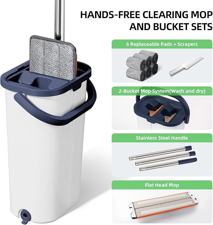 Mop and Bucket with Wringer: Hands-Free for Floors & Walls | Adjustable 360" Stainless Handle & 6 Reusable Microfiber Pads | Housewife/Parent-Friendly Design