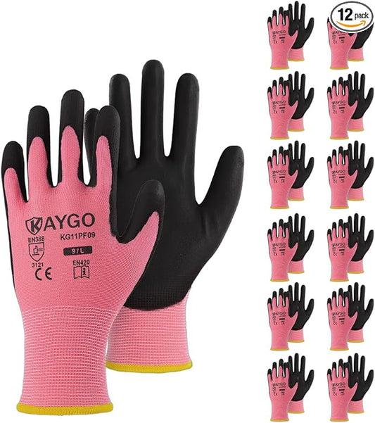 KAYGO Safety Work Gloves PU Coated-12 Pairs Seamless Knit Glove with Polyurethane Coated Smooth Grip on Palm & Fingers, for Men and Women, Ideal for General Duty Work, KG11P (XS, Pink)