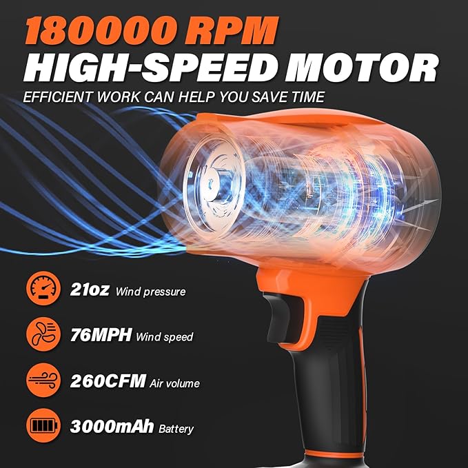 Electric Leaf Blower Cordless, 21V Handheld Leaf Blower with 3.0Ah Battey, 180000 RPM Battery Blowers with Adjustable Speed for Lawn Care, Patio Cleaning, Blowing Leaves and Dust