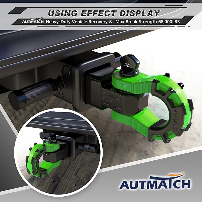AUTMATCH Shackle Hitch Receiver 2" with 3/4" Mega D Ring Shackle and 5/8" Trailer Hitch Lock Pin, 68,000 Lbs Break Strength Heavy Duty Receiver Towing Kit for Off-Road Vehicle Recovery, Black & Green