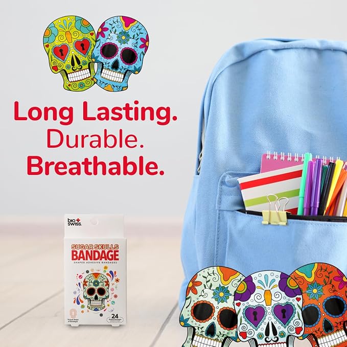 BioSwiss Kids Bandages, Sugar Skull Shaped Self Adhesive Bandage Set, Latex Free, Sterile Wound Care, 24 Count