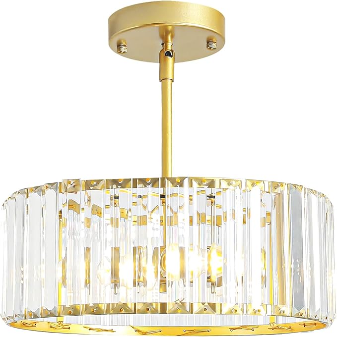 Small Gold Crystal Chandelier,Modern Dining Room Light Fixture Over Table,3-Ligh Round Kitchen Hallway Lighting Fixture, Semi Flush Mount Ceiling Pendant Light for Entryway Foyer, 12''