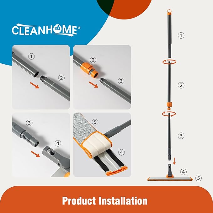 Microfiber Mop Floor Dust Mop with Extendable Long Handle, Flat Mop with 4 Reusable Pads and 1 Dirt Removal Scrubber, Suitable for Home Kitchen Bathroom Living Room Cleaning