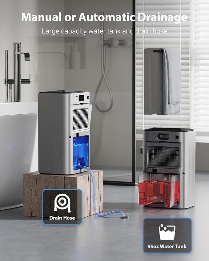 Dehumidifiers for Home, 850 sq.ft 95oz Dehumidifier with Drain Hose Timer Sleep Mode Auto-Off 7 Colors Light, Dehumidifier for Bedroom Bathroom Basements RV Grey