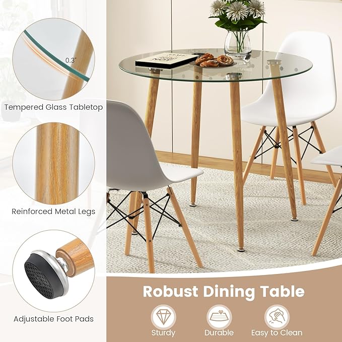 Tangkula 5-Piece Dining Table Set for 4, Kitchen Table Set with Seat, Solid Wood Legs, Metal Frames & Tempered Glass Tabletop, Round Dinner Table & 4 Chairs for Home, Natural