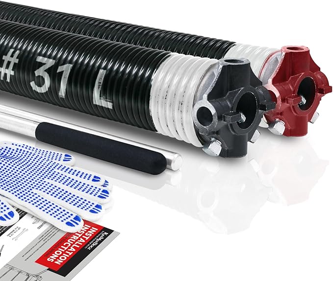 Pair of 2" Garage Door Torsion Springs Set with Non-Slip Winding Bar & Gloves,High Precision Electrophoresis Black Coated, for Replacement & Installation, MIN 16,000 Cycles (0.218x2''x31'')