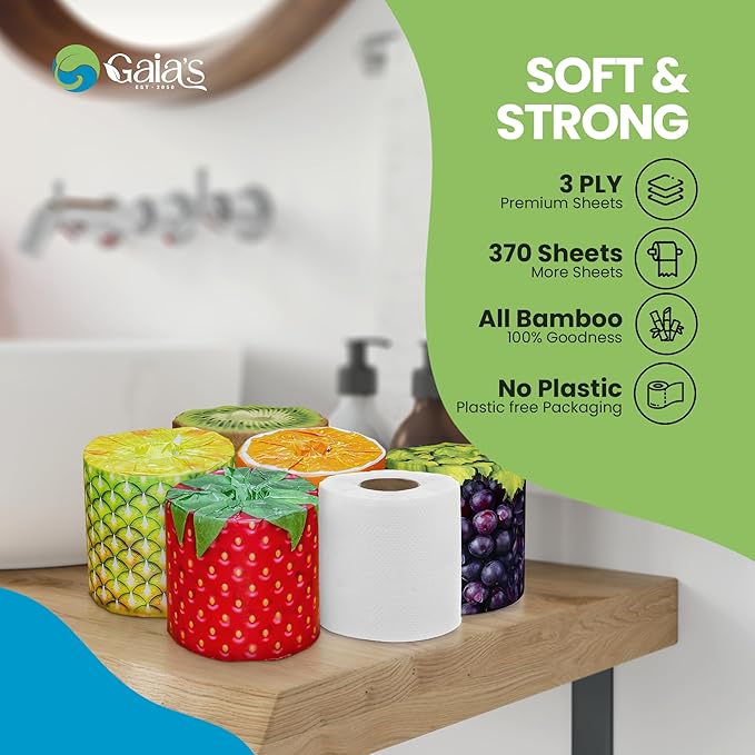 Gaias Premium and Soft Fruit TP Organic Bamboo Toilet Paper | 36 Mega Rolls, 3 Ply, 370 Sheets | FSC Certified, PFAS & BPA Free, Eco-Friendly, Sustainable Tissue - Plastic Free, Septic Safe, Vegan
