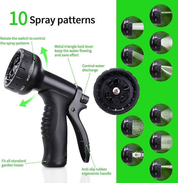Garden Hose 50 FT, Non-Expanding, 10 Functional Nozzles, Garden Hose Anti-Kink, Heavy Duty Flexible Water Hose 50 ft Suitable for Outdoor, Yard, Lawn, Car Washing and Other Scenes.