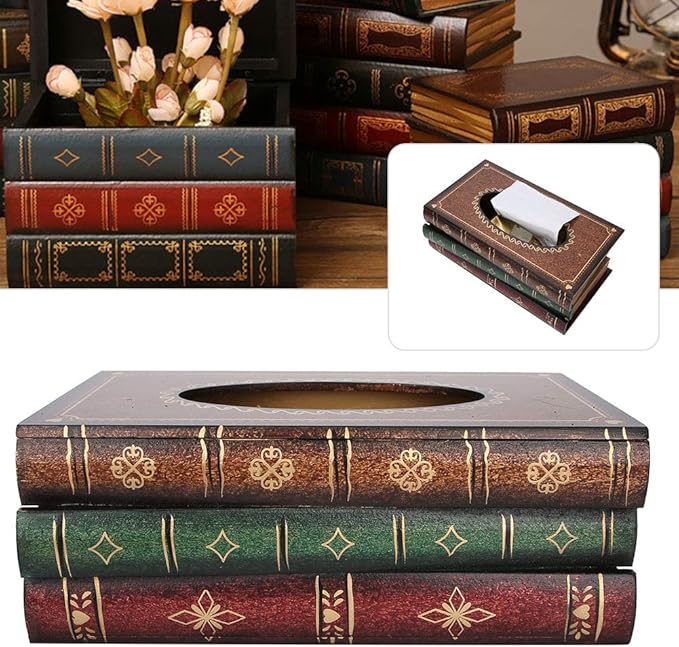 Book Shaped Tissue Box, Wooden Tissue Box with Hand Painted Antique, Large Capacity Napkin Holder for Home Car Decor, Storage Box for Small Items
