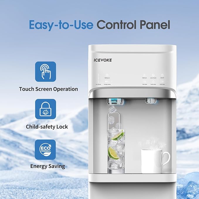 Self-Cleaning Water Dispenser with Ice Maker, Bottom Loading Hot and Cold Water Cooler for 5 Gallon Bottle - Includes Child Safety Lock & Nightlight - Water Machine for Home, Office, White