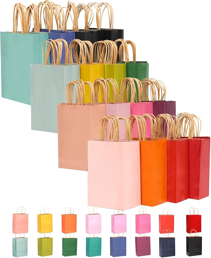 qiqee 100-Packs Paper Bags with Handles Bulk 8.26"×6"×3.15" Small Gift Bags 16 Different Senior Color Bags Multiple Uses（Small Size）