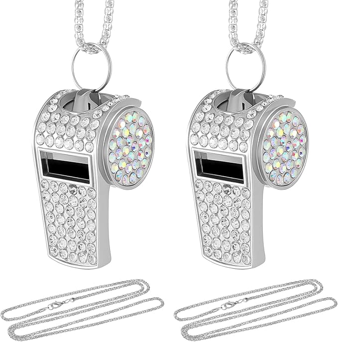 2 Pack Bling Rhinestone Whistles with Lanyard, Metal Whistle Emergency Sports Whistle, Accessories Loud Crisp Sound for Coach Captain Referee Teacher
