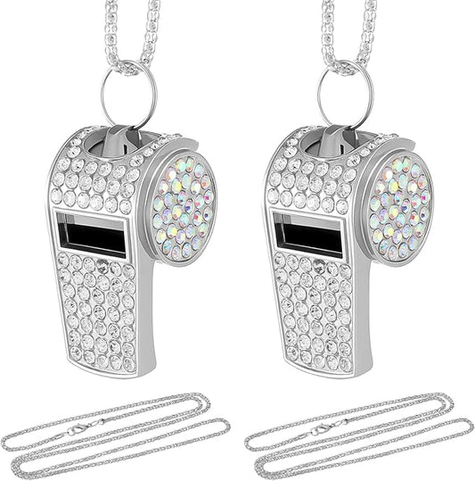 2 Pack Bling Rhinestone Whistles with Lanyard, Metal Whistle Emergency Sports Whistle, Accessories Loud Crisp Sound for Coach Captain Referee Teacher