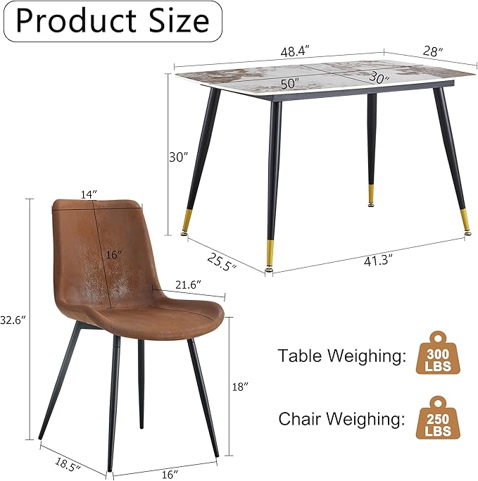 Marble Modern Dining Table Set for 4, 50" Sintered Stone Kitchen Table and 4 Upholstered Suede Leather Chair Dining Room Table Set for 4(1Marble Table and Brown Chairs Set of 4)