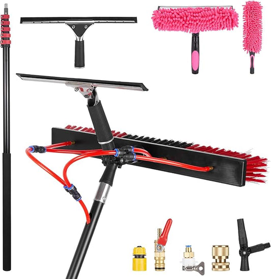24FT Solar Panel Cleaning Brush & Squeegee Kit, Proffesional Window Washing Tool, 22in Wide Brush & 2 Dusting Brush, Water Fed Pole, Extendable Telescopic Pole for Roof Mounted Solar Panels