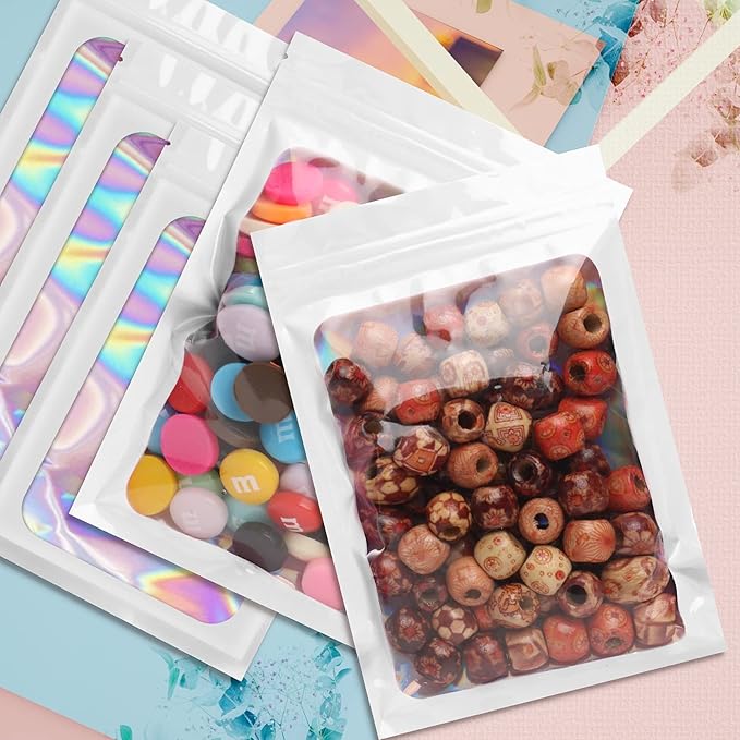 Funfery 100 pcs White Holographic Mylar Packaging Bags,Clear Sealing Resealable Smell Proof Bag Foil Pouch Zipper Bag for Food Storage,Gloss,Lash,Jewelry Packing for Small Business (6.3x9.4In)