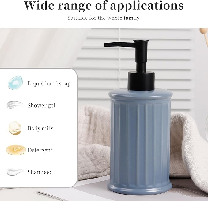 Soap Dispenser, Ceramic Liquid Dish Soap Dispenser 11.84OZ, Hand Soap Dispenser for Kitchen Bathroom, Refillable Shower Soap Dispenser, Blue-Grey, ANTIS'S HOME