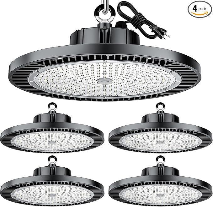 THELUX Super High Bright 200W UFO LED High Bay Light 30000Lm 5000K,100V-277V with US Plug and Play High Bay LED Shop Lights for Warehouse Workshop Factory Gym Garage with FCC Certificated 4Pack