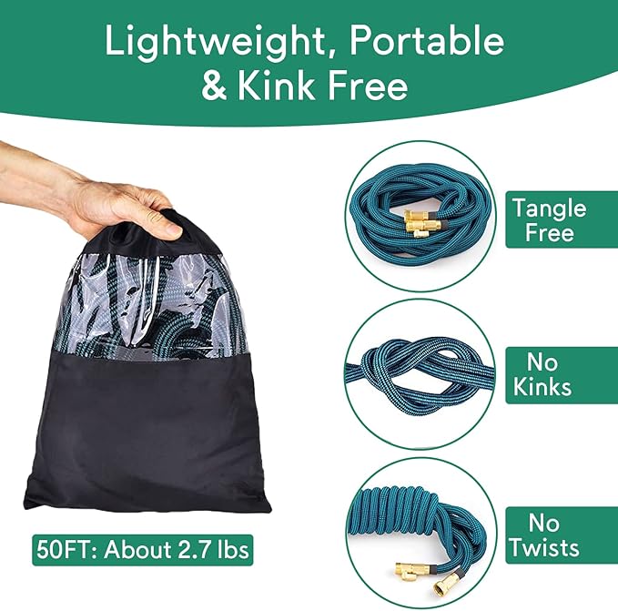 Expandable Garden Hose 50 ft, 2025 New No Kink Flexible Water Hose 50ft with 10 Pattern Spray Nozzle, Extra Strong Brass Connectors, Reinforced Expanding Latex Core, Ultra Lightweight & Collapsible