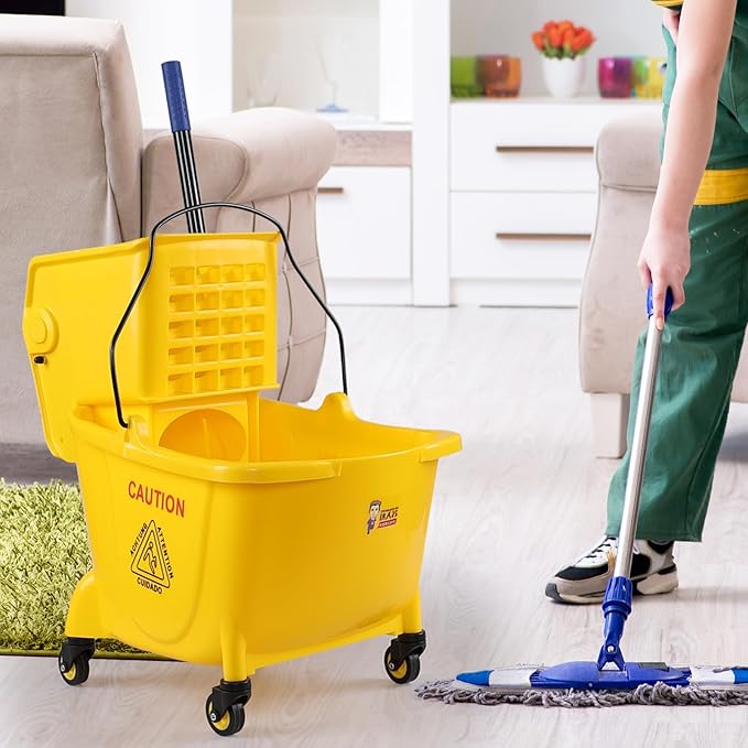 Mop Bucket with Side Press Wringer on Wheels, 24 L Side-Press Mop Bucket, Yellow