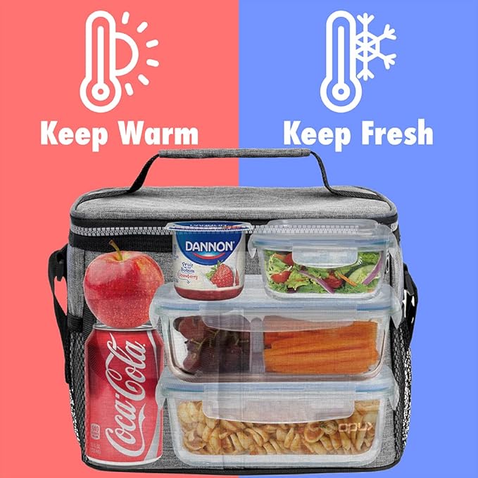 opux Insulated Lunch Bag for Men Women, Leakproof Heather Gray Lunch Box for Work, Portable Soft Lunch Cooler Bag with Shoulder Strap, Adult Lunchbox Lunch Pail for Kid Boy Girl School, 14 Can/8L