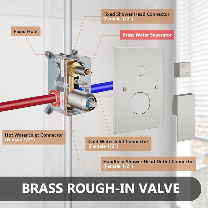 Shower Faucet Set Rainfall Shower System with Square Showerhead and Handle Set Fixture with 2 in 1 Function Handheld Sprayer Wall Mounted Trim Repair Kit Rough-in Valve 12 Inch Brushed Nickel